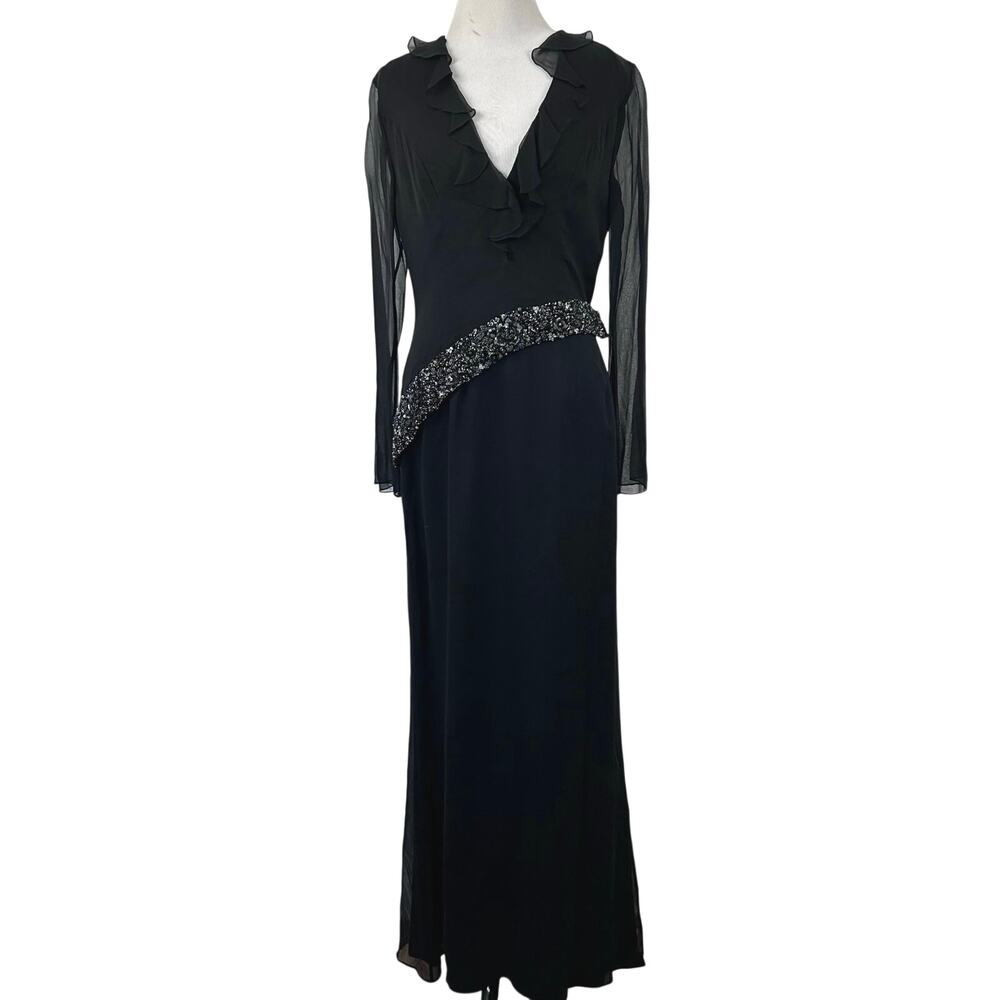 Black Long Sleeve Ruffle V-Neck Evening Gown with Beaded Waist